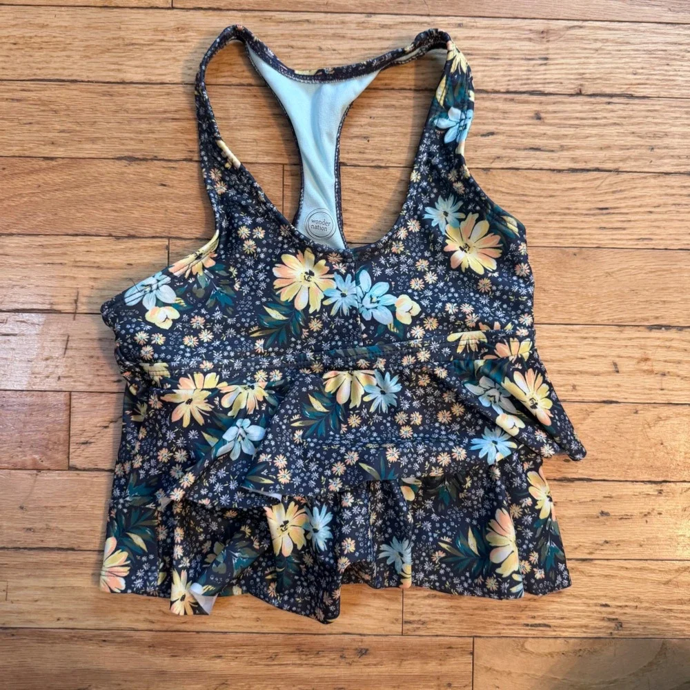 Wonder Nation Girls Grey Floral Ruffle Tankini Swim Top Size L 10-12‎ Racerback